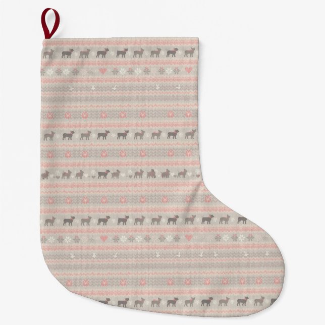 Calcetín Navideño Grande Pink Nordic Knit Dog Christmas Stocking with Paws (Anverso)