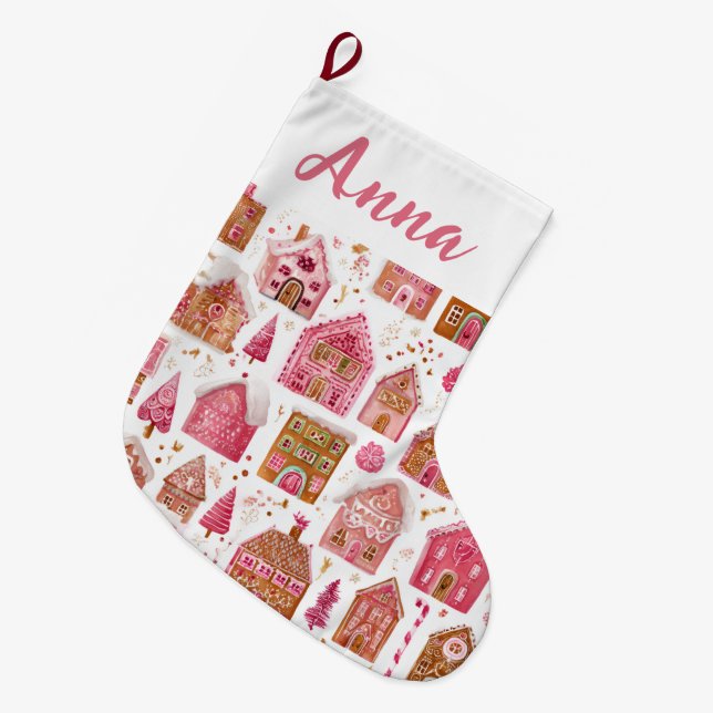 Calcetín Navideño Grande Pink Whimsical Gingerbread Houses Name Stocking (Frente (Colgado))