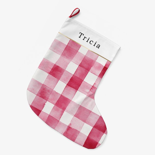 Calcetín Navideño Grande Pink White Plaid Stripes Christmas (Frente (Colgado))