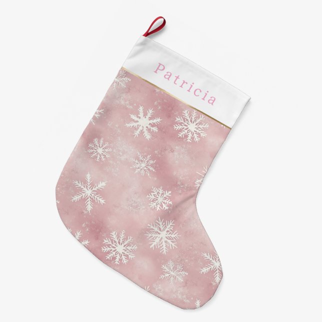 Calcetín Navideño Grande Pink White Snowflakes Christmas (Frente (Colgado))
