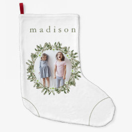 Calcetín Navideño Grande Pino Rústico y Floral Foto de Wreath con nombre