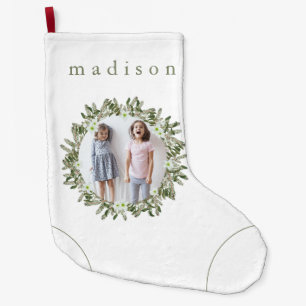 Calcetín Navideño Grande Pino Rústico y Floral Foto de Wreath con nombre