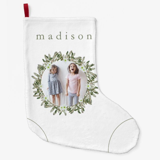 Calcetín Navideño Grande Pino Rústico y Floral Foto de Wreath con nombre (Anverso)