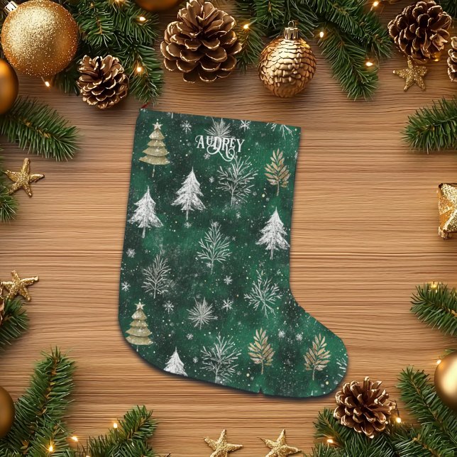 Calcetín Navideño Grande Pinos dorados Copos de nieve plateados Hunter Gree (Subido por el creador)