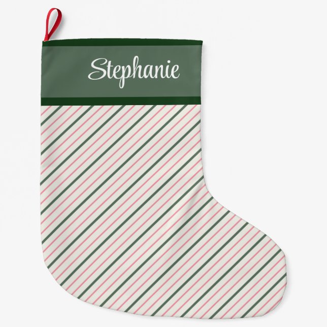Calcetín Navideño Grande Pinstripe rosa y verde con nombre (Anverso)