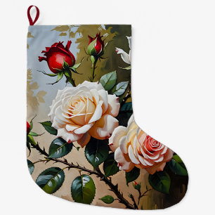 Calcetín Navideño Grande pintura al óleo de rosas blancas y rojas de color
