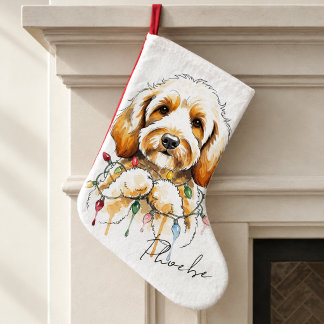 Calcetín Navideño Grande Pintura en acuarela de Goldendoodle Nombre de perr