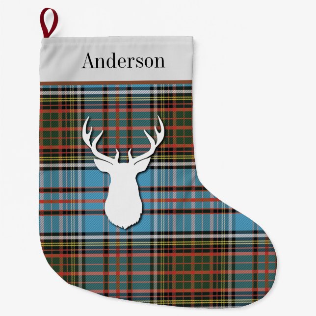 Calcetín Navideño Grande Placa azul de Anderson Clan Tartán personalizada (Anverso)