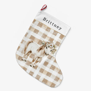 Calcetín Navideño Grande Plaid Navidad Floral Rayas Blanco Crema Caballo