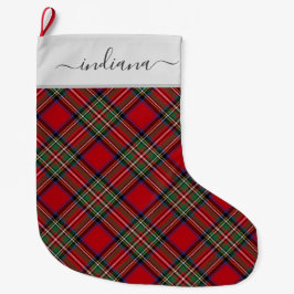 Calcetín Navideño Grande Plaid Tartan Stewart Rojo Rústico Verde