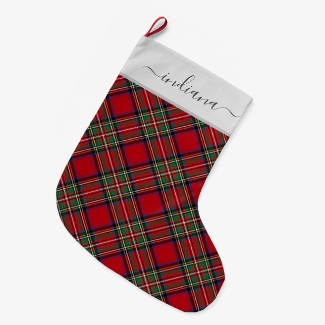 Calcetín Navideño Grande Plaid Tartan Stewart Rojo Rústico Verde (Frente (Colgado))