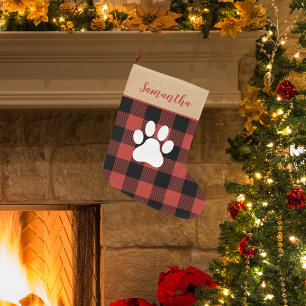Calcetín Navideño Grande Plata Roja moderna y Paw de Perro de Nombre