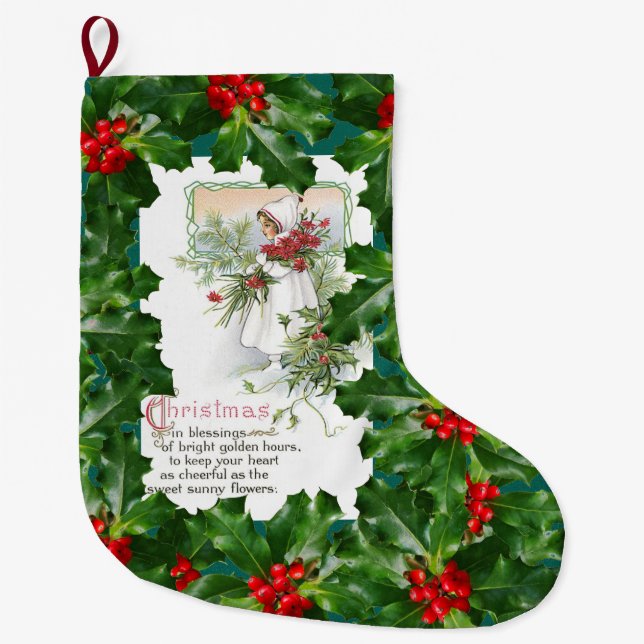 Calcetín Navideño Grande Poema del navidad de la baya del acebo de la (Anverso)