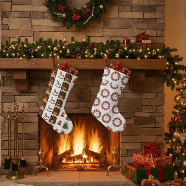 Calcetín Navideño Grande Poinsettia Wreath "Merry Christmas 2025 (Subido por el creador)