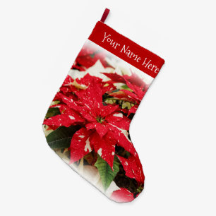 Calcetín Navideño Grande Poinsettias florales blancas rojas festivas