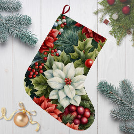 Calcetín Navideño Grande Poinsettia's & Holly Berries