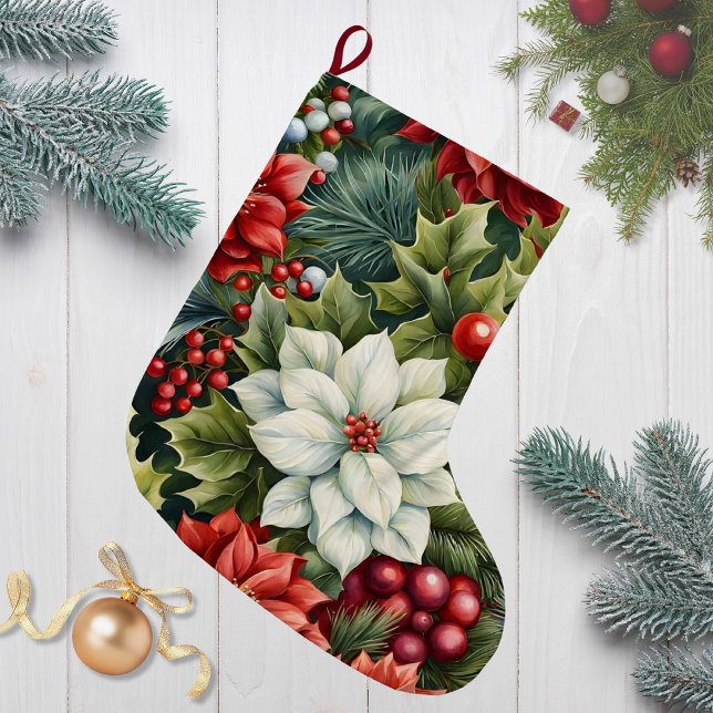 Calcetín Navideño Grande Poinsettia's & Holly Berries (Subido por el creador)