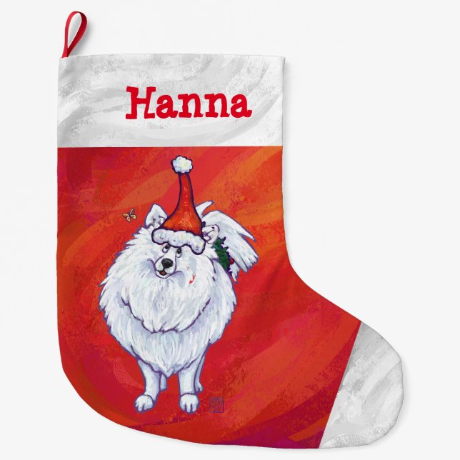 Calcetín Navideño Grande Pomeraniano lindo en Santa Hat en rojo (Anverso)