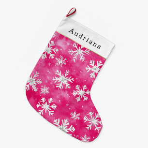 Calcetín Navideño Grande Preciosas Copos de Nieve Blancas Rosadas Plateadas