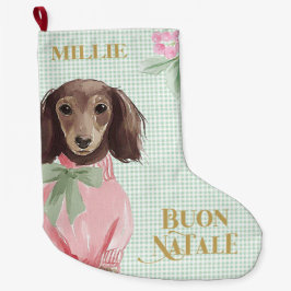 Calcetín Navideño Grande Preppy Dachshund & Green Gingham Buon Natale