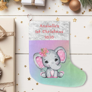 Calcetín Navideño Grande Primer Navidad del bebé Elefante Rosa