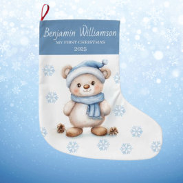 Calcetín Navideño Grande Primer Navidad del bebé Oso Copos de Nieve Azules