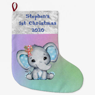 Calcetín Navideño Grande Primer Navidad Niño Elefante Azul
