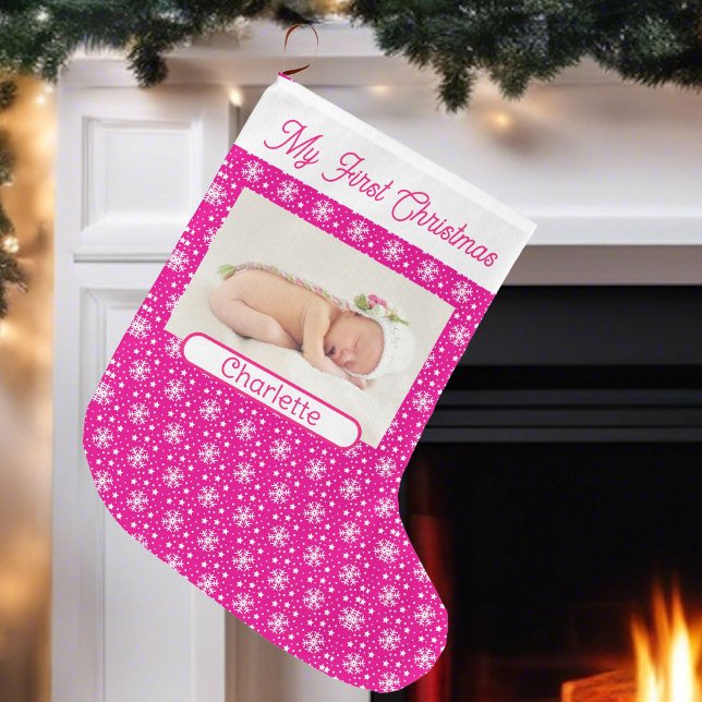 Calcetín Navideño Grande Primera foto de niña bebé, Nieve rosa (Subido por el creador)