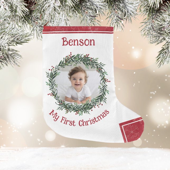 Calcetín Navideño Grande Primera foto del bebé de Navidad con nombre (Baby's First Christmas, Photo, Name, Red, White Large Christmas Stocking)