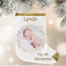 Calcetín Navideño Grande Primera Navidad del bebé, foto, nombre, oro, blanc