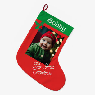 Calcetín Navideño Grande Primera Navidad para bebé niño o Chica rojo y verd