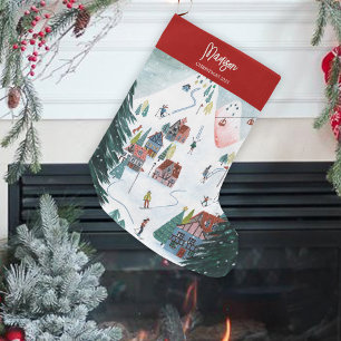 Calcetín Navideño Grande Pueblo nórdico de patinaje lindo