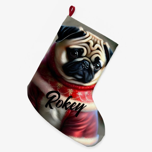 Calcetín Navideño Grande Pug de los Navidades de Cute (Frente (Colgado))