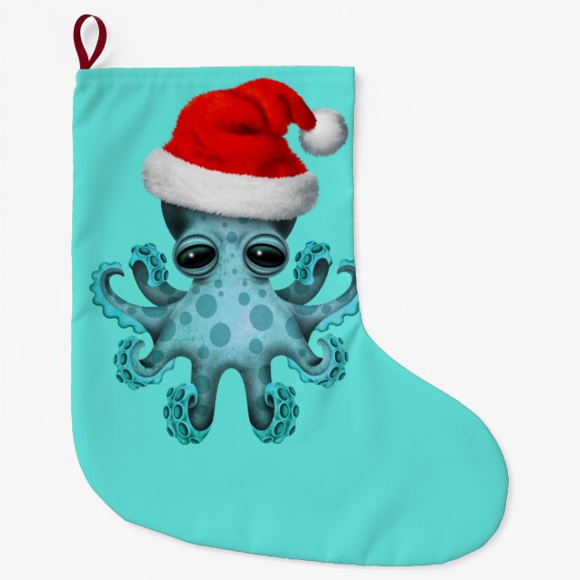 Calcetín Navideño Grande Pulpo del bebé azul que lleva un gorra de Santa (Anverso)