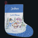 Calcetín Navideño Grande Que nieve feliz, azul de la familia Snowman<br><div class="desc">Navidades personalizados descansando con la escena de los hombres de nieve Let it Snow sobre el fondo azul y de nieve. Este bonito diseño acuático cuenta con una feliz familia de hombres de nieve y de navidad y se puede personalizar con un nombre.</div>