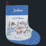 Calcetín Navideño Grande Que nieve feliz, azul de la familia Snowman<br><div class="desc">Navidades personalizados descansando con la escena de los hombres de nieve Let it Snow sobre el fondo azul y de nieve. Este bonito diseño acuático cuenta con una feliz familia de hombres de nieve y de navidad y se puede personalizar con un nombre.</div>