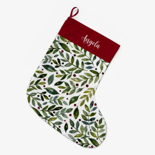 Calcetín Navideño Grande Ramas y bayas estacionales de las acuarelas verdes