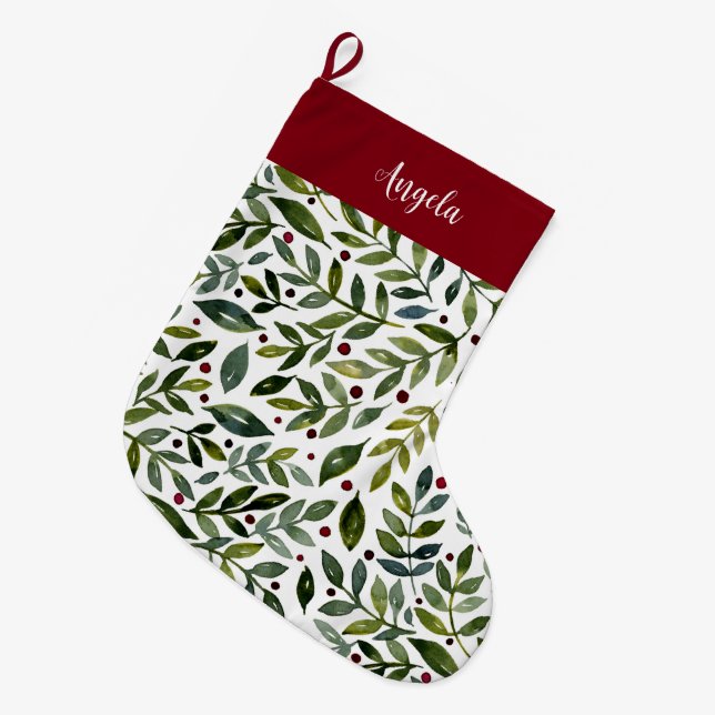 Calcetín Navideño Grande Ramas y bayas estacionales de las acuarelas verdes (Frente (Colgado))