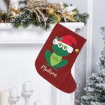 Calcetín Navideño Grande Rana de los Navidades burdos<br><div class="desc">Esta preciosa plantación de ranas Navidades presenta una adorable perrera verde usando un sombrero rojo de Santa. Este Navidad infantil bonito personalizado está decorado con un bonito paisaje de vacaciones. Personalice con su propio texto en la parte inferior para un regalo elegante.</div>