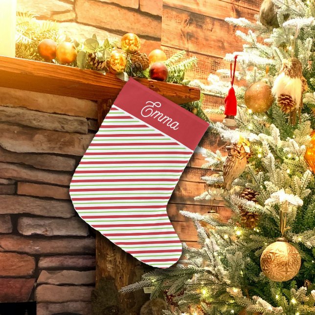 Calcetín Navideño Grande Rayas de vacaciones diagonales rojas y verdes (Subido por el creador)