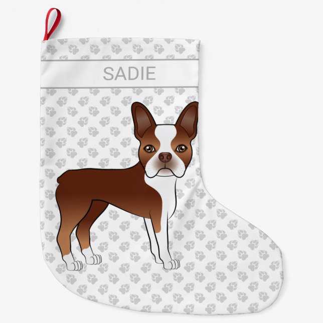 Calcetín Navideño Grande Red Boston Terrier Cute Cartog Perro y nombre pers (Anverso)