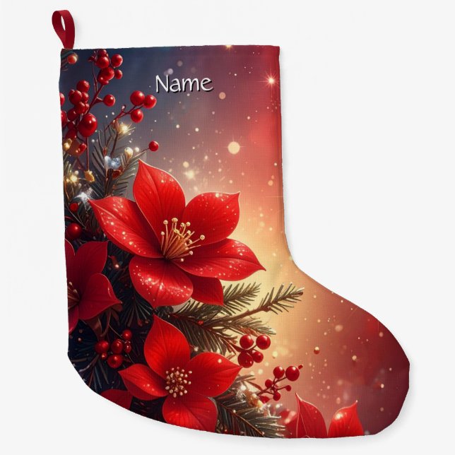 Calcetín Navideño Grande Red Christmas Floral Holiday Stocking (Anverso)