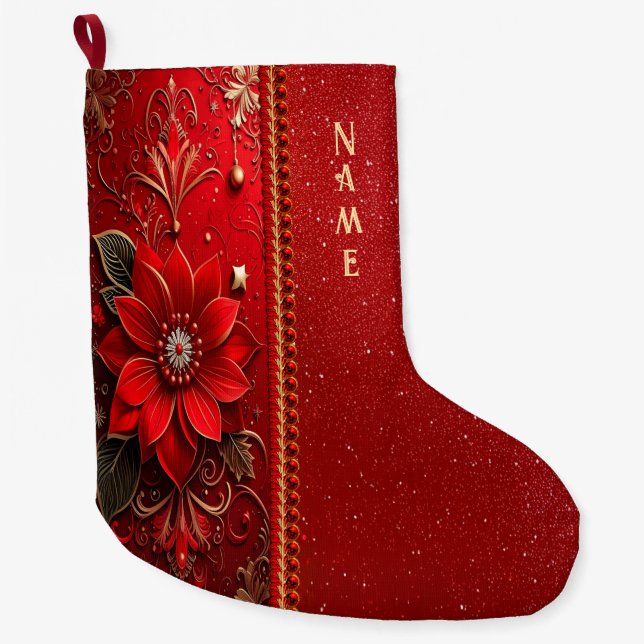 Calcetín Navideño Grande Red Flower Holiday Stocking (Anverso)