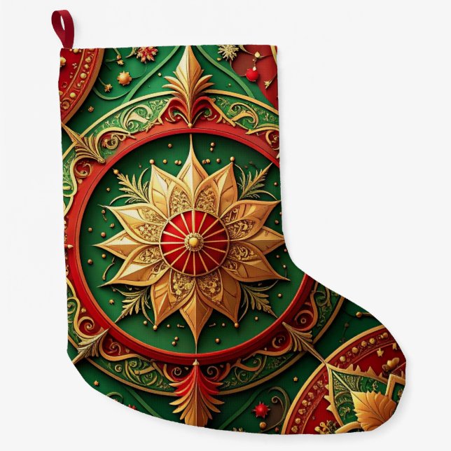 Calcetín Navideño Grande Red Gold Christmas Holiday Stocking (Anverso)
