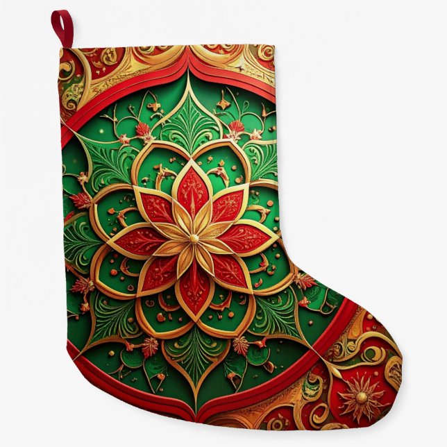 Calcetín Navideño Grande Red Gold Christmas Holiday Stocking (Anverso)