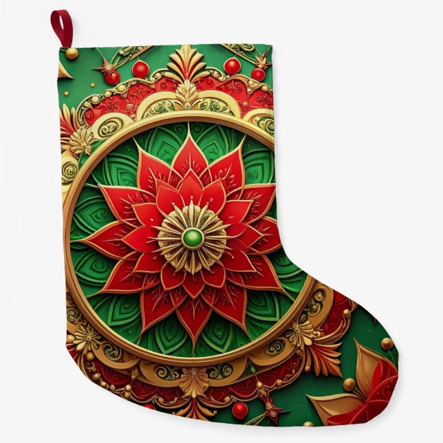 Calcetín Navideño Grande Red Gold Christmas Holiday Stocking (Anverso)