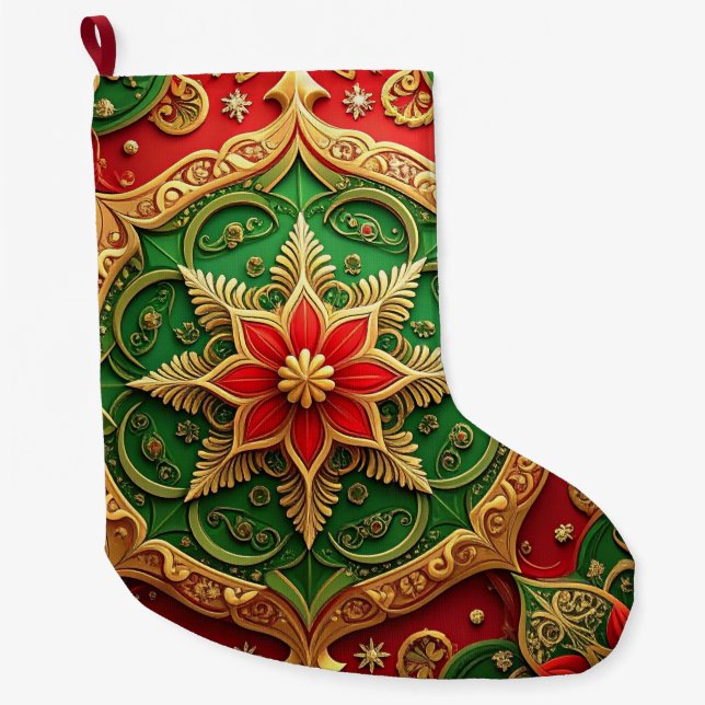 Calcetín Navideño Grande Red Gold Christmas Holiday Stocking (Anverso)