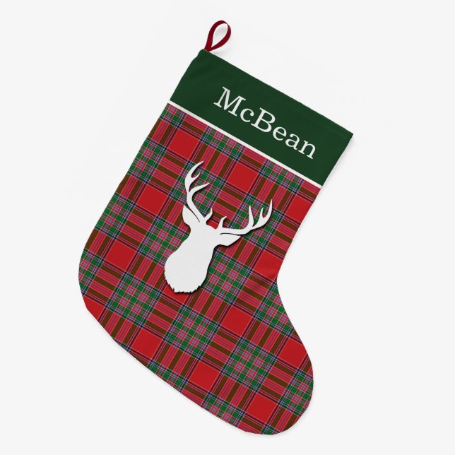Calcetín Navideño Grande Red Green personalizada McBean Tartan Deer (Frente (Colgado))
