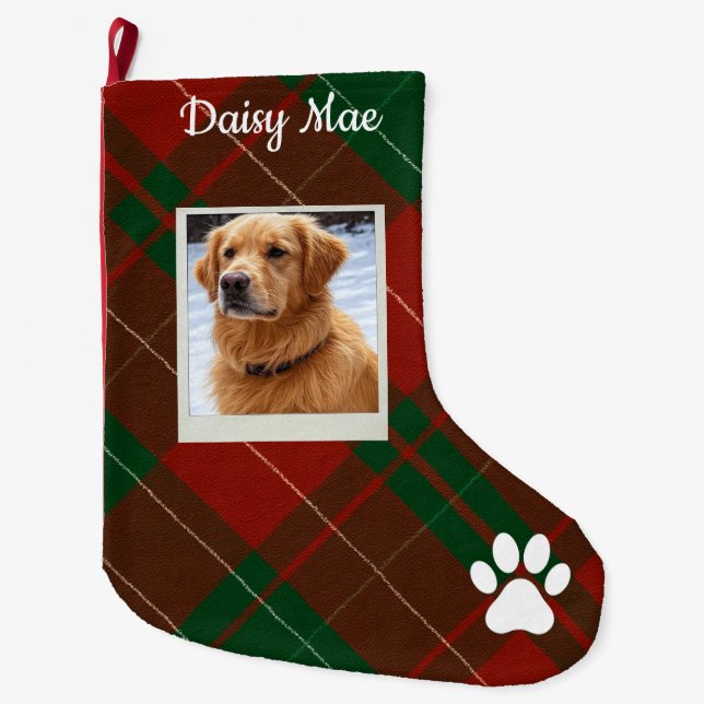 Calcetín Navideño Grande Red & Green Tartan Plaid Personalized Pet (Anverso)