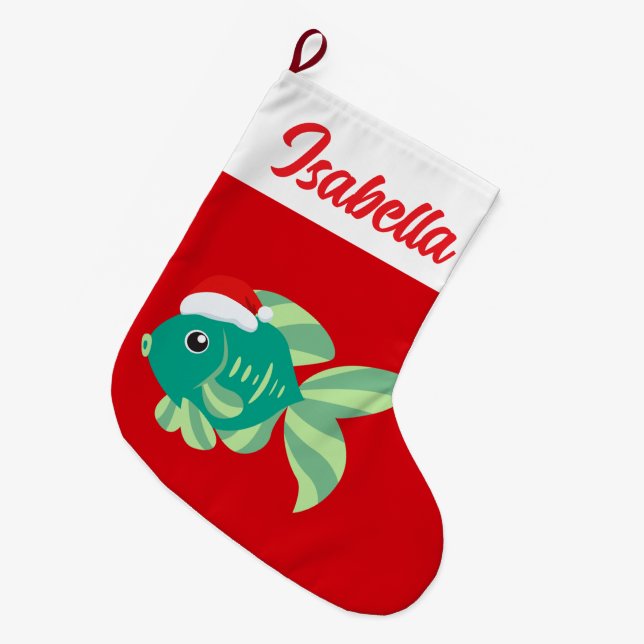 Calcetín Navideño Grande Red Merry Christmas Gold fish Santa hat Xmas (Frente (Colgado))